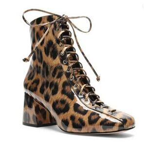 SCHUTZ Kika Leopard Print Boots Patent Leather Lace Up Womens Sz 7 Chunky Heel